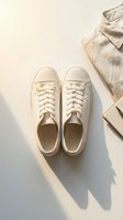 White canvas sneakers flat lay with casual beige clothing and notebook on light background, minimal fashion lifestyle concept.
