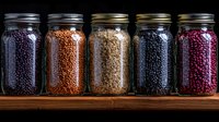 Glass jars filled with colorful dried legumes and grains on wooden shelf against dark background, arranged in row showing variety of natural food ingredients.