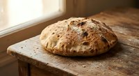 Freshly baked artisan bread loaf with cranberries on rustic wooden table by window. Homemade bakery product with golden crust for food photography and cooking content.