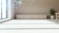 Blurred modern interior with holographic network connections floating in air, showcasing digital transformation and smart home technology concepts.