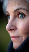 Close-up portrait of mature Caucasian woman with striking blue eyes and natural aging skin texture, showing contemplative expression in soft natural lighting.