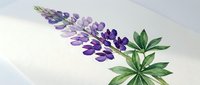 Purple lupine flower spike with green palmate leaves on white textured background. Botanical watercolor illustration for spring garden designs and floral projects.