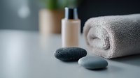 Spa stones and white towel with cosmetic product bottle in soft focus background creating tranquil wellness and beauty treatment atmosphere.