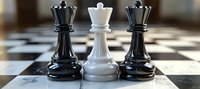 Chess queens on chessboard, one white piece between two black pieces in dramatic lighting, symbolizing strategy, leadership and competition in business.
