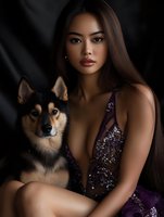Young Asian woman in purple sequined dress poses with Shiba Inu dog against dark background, creating dramatic portrait with moody lighting.