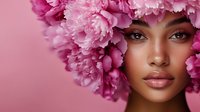 Young African American woman with natural makeup and glowing skin surrounded by pink peony flowers against pink background, fashion beauty portrait.