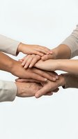Diverse group of people stacking hands together in unity, teamwork and collaboration gesture against white background for corporate team building.