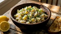 Creamy potato salad with fresh herbs and corn served in a dark bowl on wooden surface, perfect for catering, restaurants, food blogs, and culinary publications.