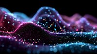 Abstract digital wave landscape with glowing particles in vibrant pink and blue colors against black background, creating futuristic technology visualization.