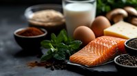 Fresh salmon fillet with eggs, nuts, and herbs arranged on dark surface for healthy cooking and nutrition content.
