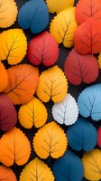 Colorful autumn leaves pattern in yellow, red, orange and blue on black background. Decorative seasonal nature arrangement with paper cut style foliage.