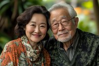 Happy Asian senior couple smiling together outdoors in garden setting. Elderly husband and wife portrait showing love and companionship in retirement years.