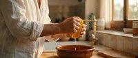 Young adult female with medium skin tone squeezing fresh lemon juice into a wooden bowl for cooking or natural cleaning purposes in a bright kitchen setting.