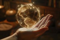 Glowing digital Earth hologram floating above open palm, showing global network connections with illuminated lines against dark background. Concept of worldwide technology.