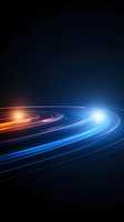 Dynamic light trails curve through dark space, creating contrasting orange and blue streaks of energy against black background, suggesting high-speed motion and technology.