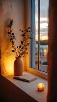 Cozy windowsill at sunset with open book, ceramic vase holding eucalyptus branches, and glowing candle creating warm atmospheric lighting against textured wall.