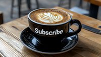 Latte art rosetta pattern in coffee foam served in black cup with subscribe text on wooden table, creative social media marketing concept for content creators.