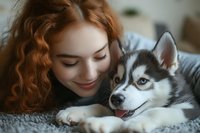 Young woman with natural red curly hair cuddling with Siberian husky puppy on gray blanket. Close up portrait showing tender moment between pet owner and dog.