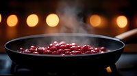 Fresh cranberries cooking in black cast iron pan with steam rising and warm bokeh lights in background, creating cozy holiday atmosphere.