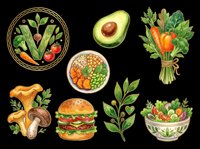 Healthy food ingredients isolated on transparent background, ready for t-shirt design, clipart, stickers, print-on-demand products and sublimation projects. Includes vegetables, fruits, salad bowl and burger.