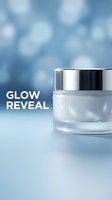 Luxury skincare moisturizer jar with silver lid on soft blue bokeh background. Translucent gel cream cosmetic product for face care, beauty routine, and skincare advertising campaigns.