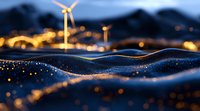 Glowing particles form abstract waves against dark background with wind turbines and city lights, representing sustainable energy and modern technology solutions.