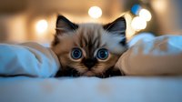 Adorable ragdoll kitten with bright blue eyes peeking from under white bedding, soft bokeh lights in background create cozy atmosphere for pet photography.