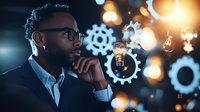 African American businessman in contemplative pose with glowing gears and light bulbs floating around him, representing innovation, creativity and strategic thinking.