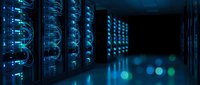 Modern data center corridor with glowing server racks and blue neon lights, showcasing cloud computing and network infrastructure technology.