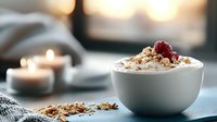 Creamy dessert topped with whipped cream, crushed nuts and fresh raspberry in white ceramic bowl, soft candlelight background creates cozy atmosphere.