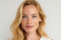 Young blonde woman showing before after skincare treatment results with half face comparison for beauty and cosmetic advertising campaigns.