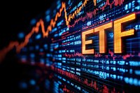 Digital display showing ETF trading data with glowing orange and blue stock market charts and financial information on electronic screen background.