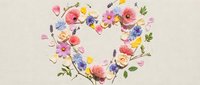 Heart-shaped floral wreath with colorful spring flowers including roses, poppies and wildflowers on neutral background for romantic designs.
