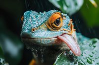 Close-up macro shot of blue and orange gecko lizard with water drops showing detailed scales, bright orange eye and pink tongue against blurred green background.