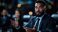 Confident African American businessman in suit gesturing while speaking at corporate meeting with blurred colleagues in background.