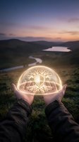 Hands holding glowing orb with shield and tree symbol above scenic valley landscape at twilight, representing protection, nature connection, and spiritual energy for wellness and environmental concepts.