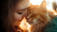 Young woman cuddling orange tabby cat in warm golden sunlight creating intimate bonding moment between pet owner and feline companion at home during sunset hour.
