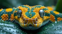 Extreme close-up of green tree python snake head with yellow scales, detailed texture, water droplets and piercing eyes in dramatic macro photography.