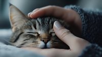 Sleeping tabby cat enjoying gentle head petting, close-up portrait showing peaceful expression and relaxation. Soft morning light creates cozy atmosphere.