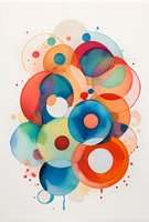 Vibrant watercolor circles in coral, turquoise and mint green overlap creating dynamic abstract composition with fluid organic shapes and playful paint splatters on white paper.