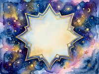 Watercolor cosmic night sky frame with gold star shape, constellations, moons, and galaxies on purple blue background with copy space.