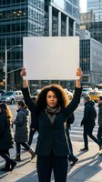 Young African American woman holding blank white protest sign in busy urban street with modern office buildings and crowd for activism campaigns.