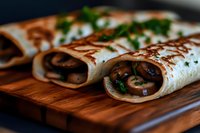 Fresh tortilla wraps filled with mushrooms and herbs on wooden cutting board, garnished with parsley and drizzled with sauce, close up view of Mexican cuisine.