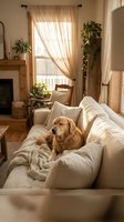 Golden retriever resting on cream sofa in bright living room with natural light, potted plants, fireplace and sheer curtains for home decor and pet lifestyle content.