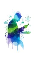 Colorful geometric silhouette of scientist working in laboratory with molecular structures and chemistry equipment on white background for educational design.