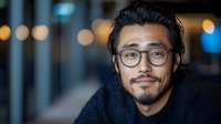 Young Asian male professional wearing glasses and black sweater smiling confidently at camera against blurred office background with bokeh lights.
