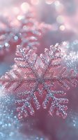 Glittering pink snowflake decoration with sparkles on soft blurred background. Festive winter macro photography with dreamy bokeh lights in rose and blue tones.