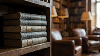 Antique leather-bound books stacked on wooden shelf in classic library setting with blurred interior background, suitable for education, literature, and vintage decor projects.