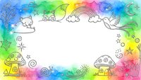 Colorful watercolor rainbow border frame with hand drawn doodle elements including unicorn, castle, mushroom house and stars on white background for kids design.