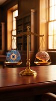 Golden scales of justice balancing computer chip and human brain representing technology versus humanity debate in warm office setting.